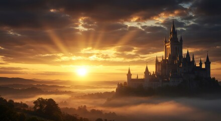 Majestic castle on misty hill at sunrise. Magical landscape with scenic view and sun rays breaking through clouds. Fantasy concept.