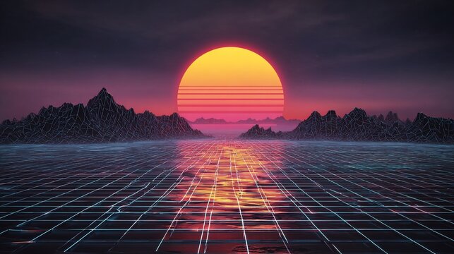 Retro wave landscape with sunset over mountains and grid, evoking 80s nostalgia