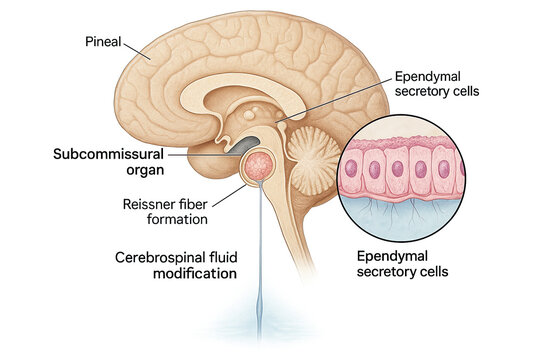 Sagittal view of the human brain illustrating the pineal gland, subcommissural organ, Reissner fiber formation, and ependymal secretory cells.