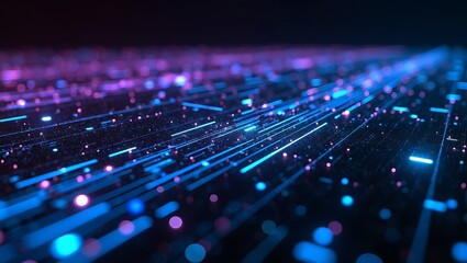 Abstract glowing digital network with blue and purple lights and bokeh