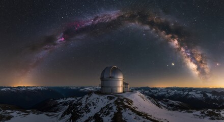 Astronomical observatory on a snowy mountain peak under a vibrant milky way galaxy. Cosmic research and space exploration.
