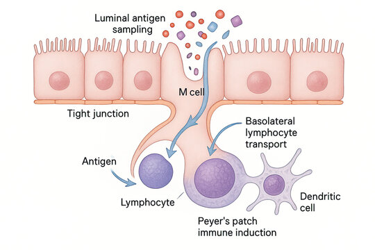 Illustration of M cells in the gut epithelium sampling luminal antigens for immune induction within Peyer's patches, involving lymphocytes and dendritic cells.