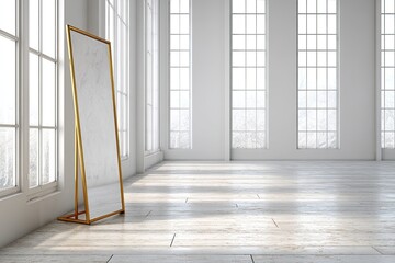 Empty white room with gold mirror