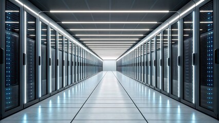 Modern data center server room with glowing lights and rows of racks