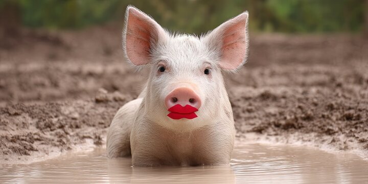 photo of a pig with red lipstick sitting in mud smiling