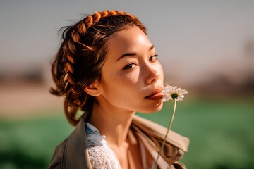 Artistic female portrait holding wildflower, Outdoor closeup with soft light, Minimal nature background, Cinematic depth of field, Calm emotional expression, Copy space