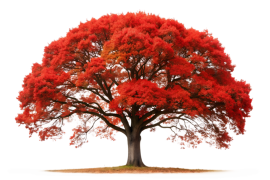 Vibrant red tree with lush foliage isolated on transparent background