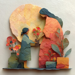 Child giving flowers to mother in warm, colorful paper art display - Concept of International Women’s Day  