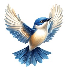 Obraz premium Blue bird with golden chest feathers in flight on photo white background flying wings spread