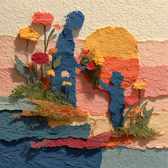 Mother and child holding hands surrounded by colorful flowers  