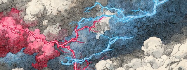 Storm clouds, vibrant streaks of lightning, in a textured abstract depiction