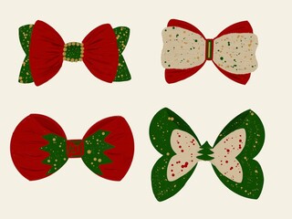 Christmas Festive Bows In Red Green And Cream Colors With Decorative Elements