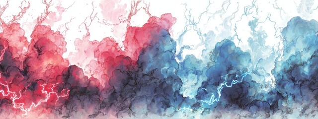 Abstract painting of swirling, colorful clouds with streaks of light