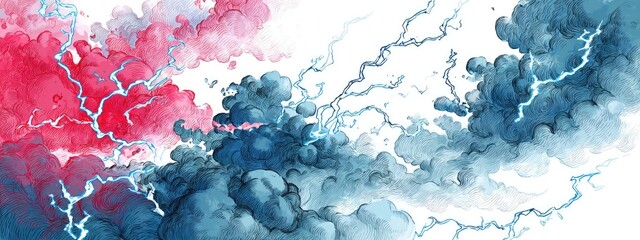 Abstract watercolor painting of stormy clouds with lightning