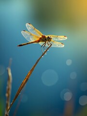 Naklejka premium Golden Summer Flight: Dragonfly Perched on Grass Stalk with Dewdrops and Soft Bokeh BackgroundDESCRIPTION: A delicate, high-resolution, macro portrait of a golden-orange dragonfly perched perfectly