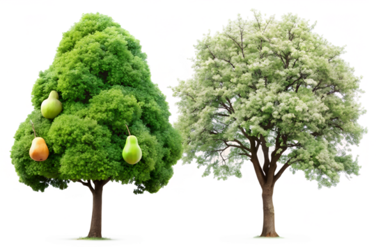 Two trees, one with green leaves and pears, other with white flowers, isolated on transparent background
