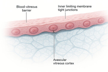 Detailed illustration of the blood-vitreous barrier and avascular vitreous cortex in the eye.