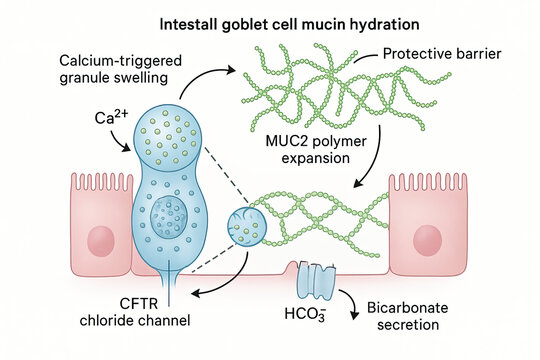 Diagram illustrating intestinal goblet cell mucin hydration process, showing calcium-triggered granule swelling, CFTR chloride channel function, MUC2 polymer expansion, and bicarbonate secretion formi