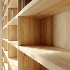 Light-colored wooden shelving unit, empty shelves