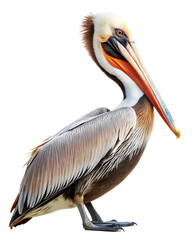 Majestic brown pelican standing isolated on transparent background with beak open