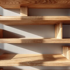 Empty wooden shelves, light-filled, minimalist design