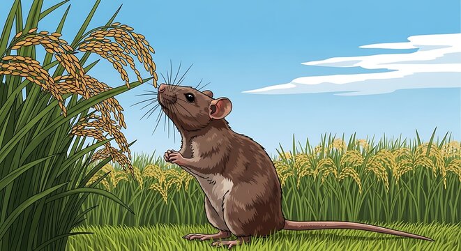 A Brown Rat Nibbling on Ripe Rice Grains in a Golden Field Under a Blue Sky.