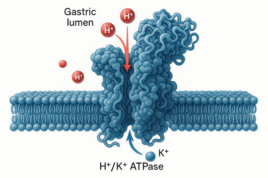 Illustration of the H+/K+-ATPase pump in the gastric lumen, showing proton and potassium ion transport across the cell membrane.