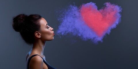 woman smoker blowing heart-shaped smoke cloud 