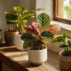 Close-up of potted plants, vibrant leaves, earthy tones