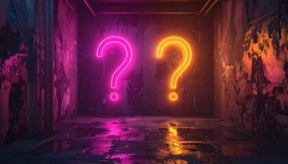 Neon Question Marks Illuminated in an Abandoned Room with Rough Walls