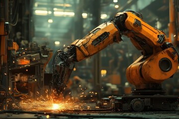 A robust industrial robotic arm, weathered orange, performs welding or grinding, emitting brilliant sparks in a dimly lit factory setting. Modern automation in action.
