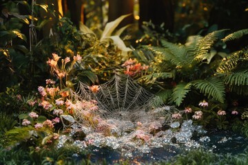 A glistening spiderweb adorned with dewdrops amidst pink flowers and lush green foliage, bathed in golden light, creating a magical, ethereal garden scene.