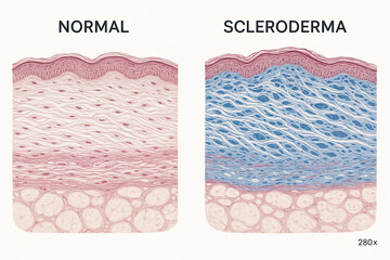 Microscopic comparison of normal skin and skin affected by scleroderma, illustrating cellular differences.
