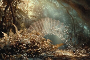 Glistening dew-covered spiderweb beautifully catches golden sunlight in a mystical forest. Ethereal, shimmering nature scene with vibrant foliage and sparkling water droplets.