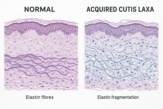 Microscopic comparison of normal skin histology versus acquired cutis laxa, illustrating elastin fiber structure and fragmentation.