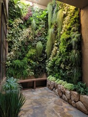 Lush green wall garden with bench