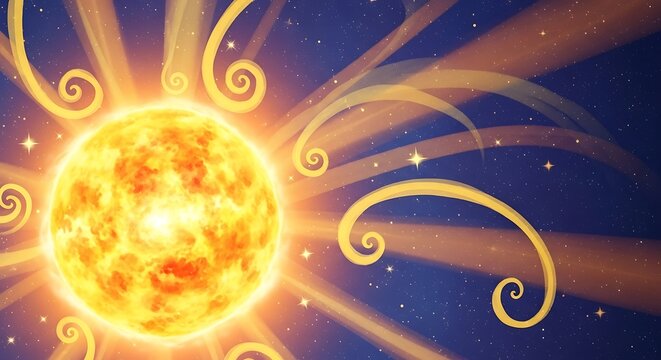 Stylized Sun with Swirling Rays in a Starry Night Sky.