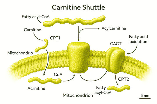 Diagram illustrating the Carnitine Shuttle mechanism for fatty acid transport into mitochondria for oxidation.
