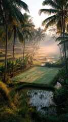 Sunrise over terraced rice paddies. Lush tropical vegetation frames a grassy field, bathed in golden morning light