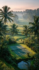 Lush tropical valley with tennis court at dawn