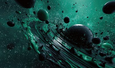 Abstract cosmic scene with swirling, emerald-green liquid and dark orbs.  A ringed structure dominates the image, set amidst a deep space of dark teal and scattered, tiny light points
