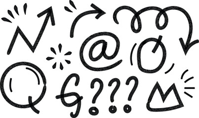Hand drawn design elements including arrows question marks and symbols