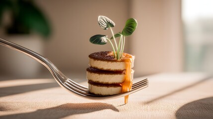 Minimal dessert stack photo, Layered pancake cake slice, Fork lifted bite moment, Soft natural lighting, Clean background, Cozy breakfast mood