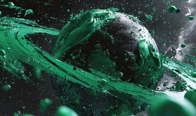 A dark sphere with emerald green rings in space, surrounded by swirling, splatter-like particles