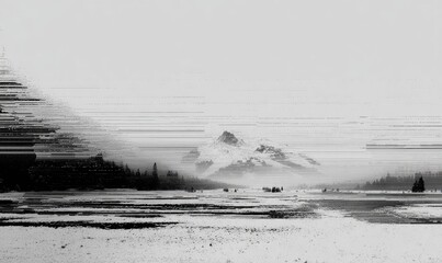 Distorted monochrome landscape of mountains and snow