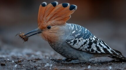 Striking hoopoe bird displaying its plumage and holding an insect in its beak in nature