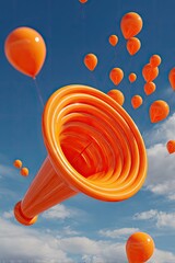 Orange megaphone with many balloons erupting into a bright sky
