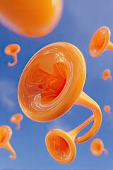Abstract, vibrant orange trumpet-like forms float against a vibrant blue sky