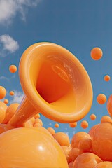 A vibrant orange megaphone, with a wide nozzle, surrounded by many small orange spheres against a clear blue sky with scattered white clouds