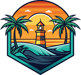 Obraz premium Lighthouse on a tropical island with palm trees and ocean waves lighthouse, tropical